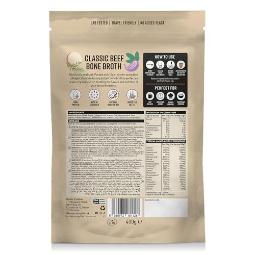 Hunter & Gather Rinder-Knochenbrühe-Pulver | 15g Protein | Kollagen aus europäischem Weide-Rind | Sofortiges herzhafte Getränk oder Koch-Upgrade | Keine Kühlung nötig | Glutenfrei | 400g |