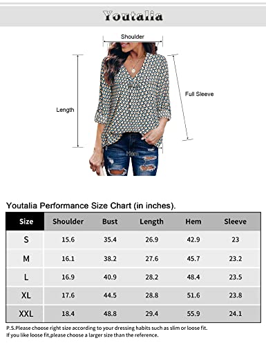 Youtalia Plus Size Tunic Blouses For Leggings, Women's Tops 3/4 Cuffed Sleeve Elegant V Neck Blouses Stylish Geometric Shirts Loose Fit Casual Chiffon Tunic Tops Blue Beige X-Large #TOP5