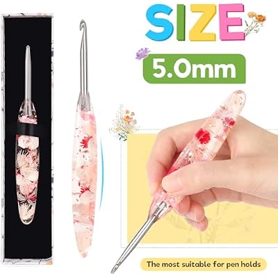 Katech 5.0mm Crochet Hook for Arthritic Hands, Hand-Polished Stainless Steel Ergonomic Crochet Hooks with Customized Sparkle Dried Floral Grip, Soft Tapered Hook-Crochet Gift for Beginner & Crocheter