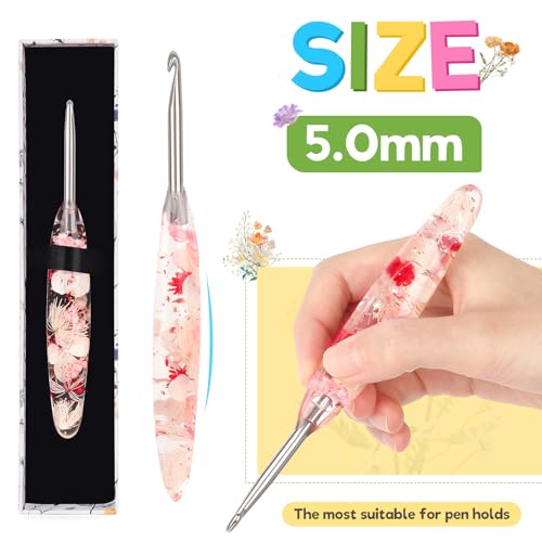 Image of Katech 5.0mm Crochet Hook for Arthritic Hands,Hand-Polished Stainless Steel | Ergonomic Crochet Hooks with Customized Sparkle Dried Floral Grip, Smooth Tapered Hook-Crochet Gift for Beginner & Crocheter