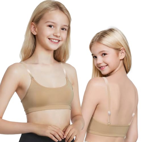 DANSHOW Girls Dance Bra Seamsless Nude Bras for Teens Girl with 2 Pairs of Clear Straps, Silicone Pads