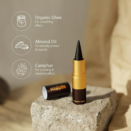 Image of SoulTree Ayurvedic Kajal | Pure Black 011 | Black Shade | Enriched with 100% Organic Ghee, Almond Oil & Camphor | Soothe, Cool & Nourish Eyes | Soothes, Cools, and Nourishes Eyes with Gentle Care 3gm