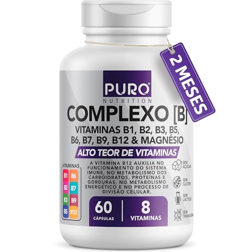Complexo B Puro Nutrition – Vitaminas B1, B2, B3, B5, B6, B9, B12 e Magnésio, 60 Cápsulas
