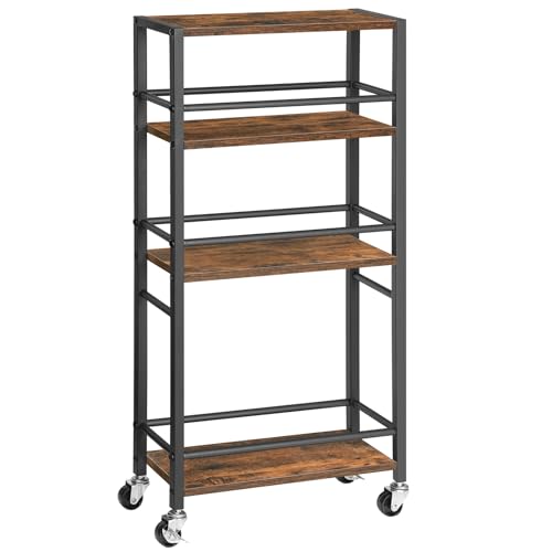 MAHANCRIS Carrello da Cucina a 4 Livelli, Carrello Portaoggetti con Freno, Carrello da Bar, Carrello Porta Bevande, per Cucina, Soggiorno e Sala da Pranzo, Marrone Vintage e Nero ARCHR1401