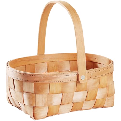 Handmade Wood Woven Basket with Handle - Portable Light Brown