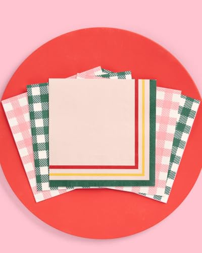 xo, Fetti Gingham Camp Napkins - 3-ply, 24 pcs | Green Cocktail Napkins, Pink Dinner Party Setting, Bachelorette Decoration, Cute Birthday Tablescape