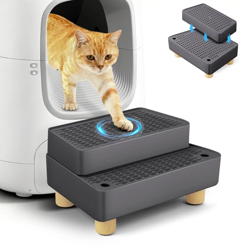 Extra Large 2 Steps Cat Litter Box Step Ramp, Cat Litter Catcher Mat with Wooden Feet, Filter Function, Cat's Pedal Stool for Self-Cleaning Litter, Suitable Kitten & Elderly Cats (Dark Grey)