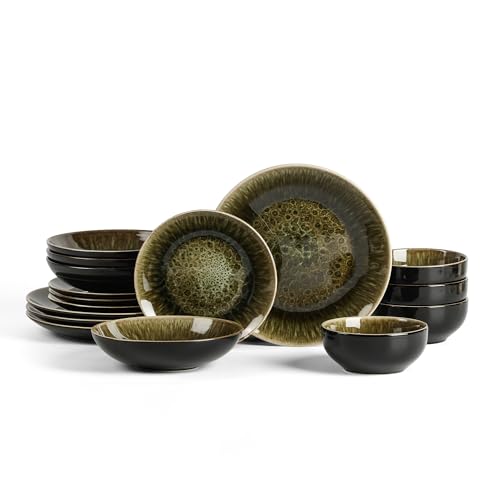 Image of Stone Lain Riley 16-Piece Dinnerware Set Stoneware, Plates and Bowls Set, Dishwasher and Microwave Safe, Dish Set for 4, Black and Green