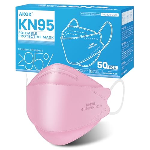 akgk KN95 Face Masks 50 Pack, 5-Ply Disposable Pink Face Mask Against PM 2.5 Smoke and Dust