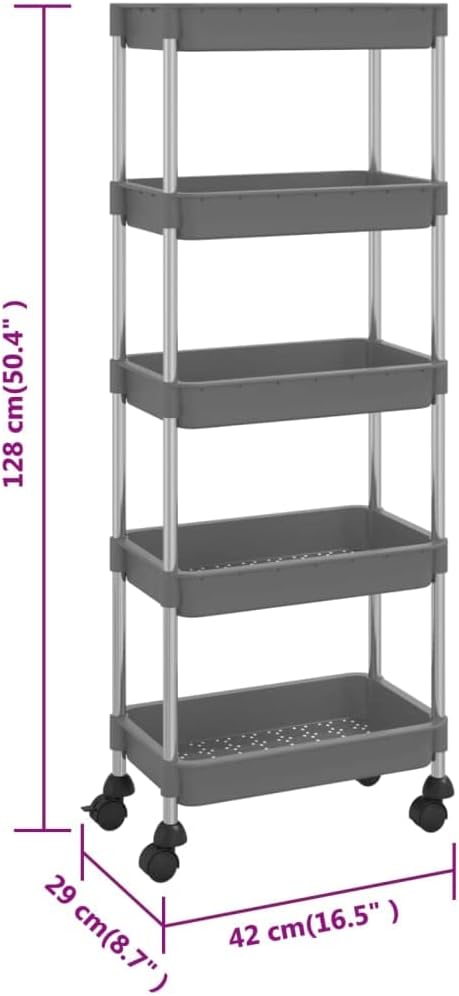 5-Tier Kitchen Trolley Gray Iron and ABS with 16.5"x11.4"x50.4" Dimensions, Rolling Kitchen Cart with Wheels, Mobile Cart for Kitchen Storage and Food Serving