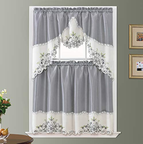 GOHD Arch Floral Kitchen Curtain Set/Swag Valance & Tier Set. Nice Matching Color Floral Embroidery on Border with cutworks (Silver Grey) - Image 2