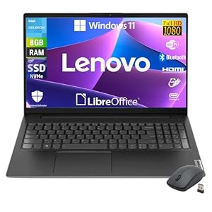 Lenovo, Notebook PC, Display 15,6 Zoll Full HD, Intel N4500 2 Core bis zu 2,8 GHz, RAM 8 GB DDR4, 256 GB SSD NVMe, Win 11 Pro, sofort einsatzbereit mit Libre Office + Maus