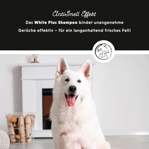 Annimally White Plus Shampoo - Natürliches Hundeshampoo für weißes Fell mit Kokosöl & Zuckertensid, geruchs- und ph-neutral, ohne Bleichmittel & Parfüm - 500 ml