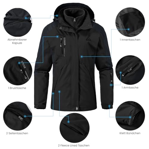 donhobo Damen Outdoor 3-in-1 Skijacke, Zweiteilige Winterjacke mit Fleecejacke, Winddicht Wasserdicht Freizeitjacke Warm Mantel Jacke mit Kapuze Schwarz M