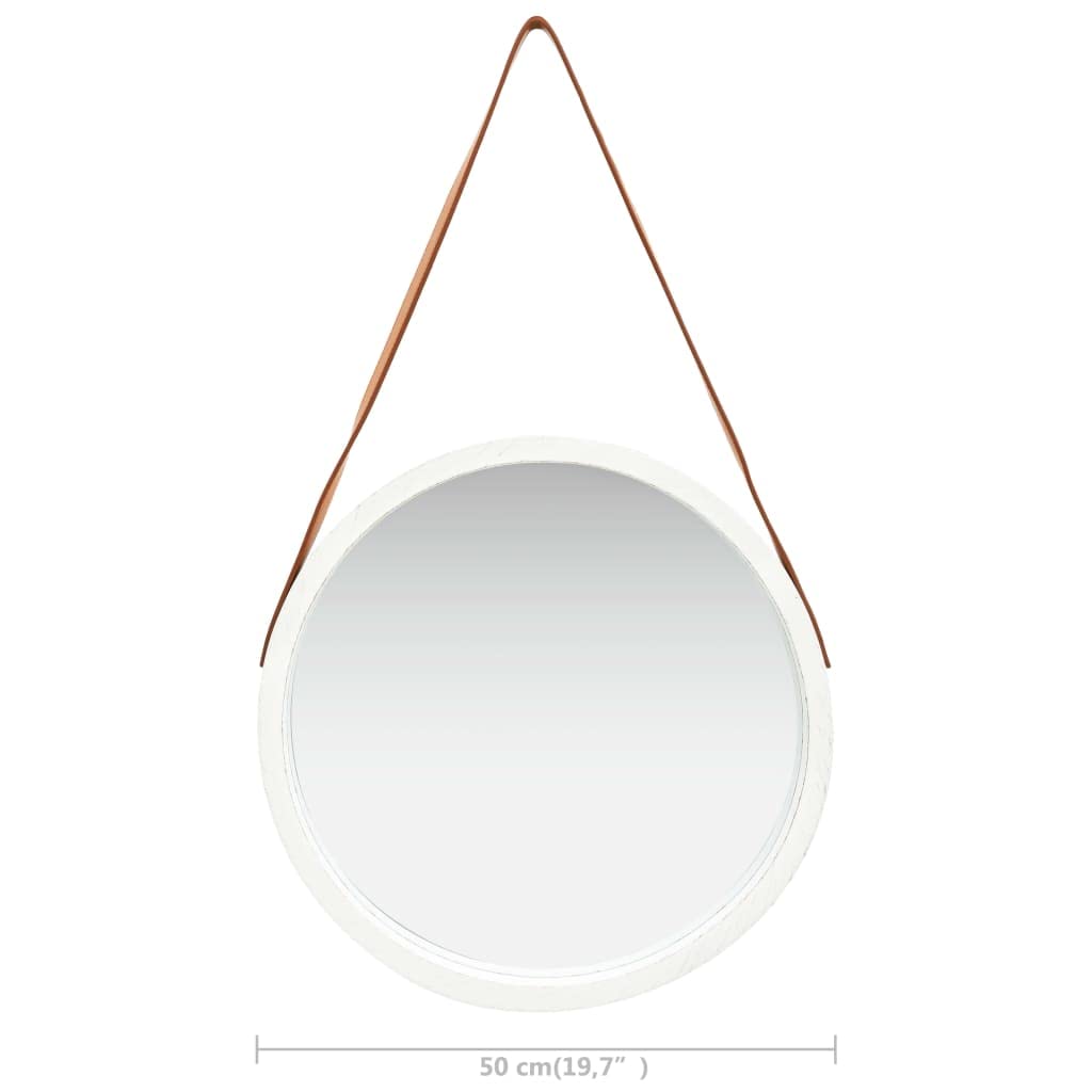 Lustro ścienne w stylu vintage, 50 cm, białe, okrągłe lustro z drewnianą ramą z drewna paulowni i paskiem ze sztucznej skóry, z regulacją wysokości, do sypialni i salonu
