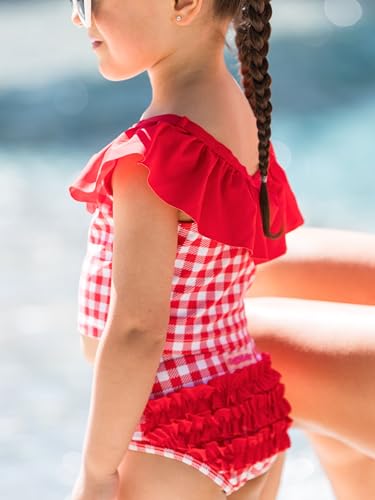 Image of RuffleButts Girls UPF50+ Sun Protection One Shoulder Ruffle Tankini Two Piece Swimsuit