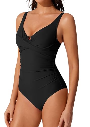 RXRXCOCO Women One Piece Swimsuits Tummy Control Ruched V Neck Cutout Slimming Bathing Suits Full Coverage Underwire Swimwear Black S