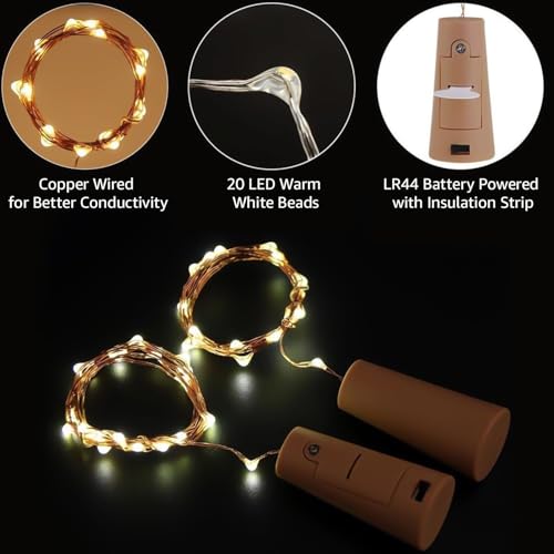 Image of GIGALUMI 2 PCS 20 LED Bottle Cork Lights 6m | Battery Operated Mini Copper Wire Fairy Lights for Decoration | Bottle Lights for Home, Wedding, Diwali, Party (Warm White)