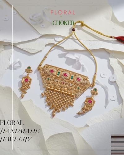Image of Mansiyaorange South Indian Temple Style Choker with Floral Necklace & Earrings | Traditional Gold Plated Kempu Kundan Stone Jewelry Set for Women