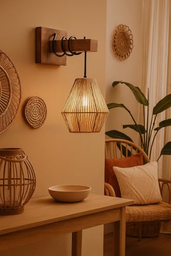 Image of AKWAY Rattan wall Lamps for Living Room | Bamboo wall Lights for Bedroom | Cane wall scones for Home Decoration (Bulb Not Included) (Raffia Bell Shaped)