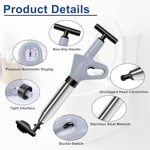 Image of CAPHONT Toilet Plunger Blaster, High Pressure Toilet Plunger, Stainless Steel Air Drain Blaster Plunge Blaster with Visual Barometer for Toilets, Bathroom Floor, Drain Sinks and Plumbing Clogs