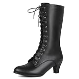 Cozivwaiy Women Vintage Victorian Boots 70s Lace up Mid Calf Granny Boot Black Steampunk Costume Shoes Mid Heel Witch Boots Zipper Cone Heels 8
