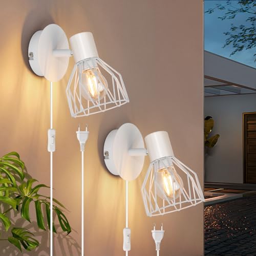 Kimjo Applique da Parete Interno - Applique Camera da Letto con Spina e Interruttore - Lampada da Parete Bianco Applique LED da Parete con Cavo - Faretti da Parete E14 Lampade da Muro 2 Pezzi