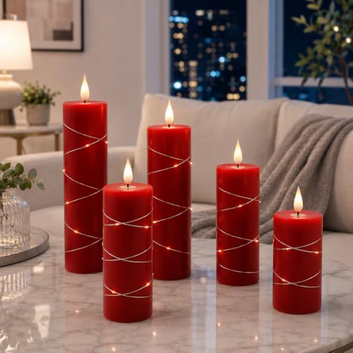 Image of Kiexung Red Flameless Candle Fairy String Light, Water Drop Flame, Advanced LED Flame Simulation with Remote and Timed Candles, 5-Cell Battery Powered,Christmas Candle