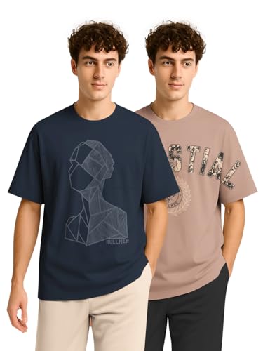 Image of BULLMER Trendy Half Sleeve Oversized Cotton Blend Crew Neck Tshirt for Men - Pack of 2