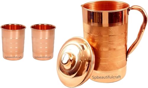 HRS India - Caraffa per acqua in rame puro, 2 litri, 2 bicchieri in vetro, 300 ml, benefici per la salute ayurvedica