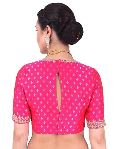 Image of Studio Shringaar Women's Brocade Embroidered V-Neck Readymade Elbow Length Sleeves Saree Blouse