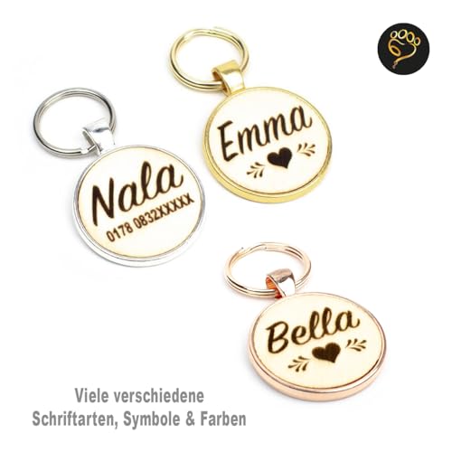 Hundemarke mit Gravur personalisiert | Namensanhänger mit Telefonnummer, Adresse | verschiedene Handschriften & Motive | Gold, Silber, Roségold | für Hunde Halsband, Geschirr, Leine, Geschenk
