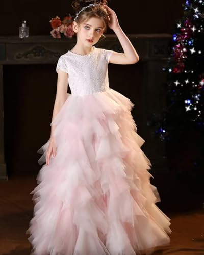 Tulle Flower Girl Dress with Beads Lace Appliques Short Sleeves Pageant Dresses for Girls Long Ball Gown Birthday Party Dress3