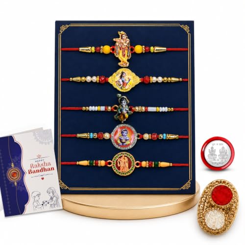 Image of Oblivion Rakhi For Brother - Elegant Stylish God Designer Rakhi with Beads and Silver Colour Pooja Coin, Tilak Set & Greeting Card - Traditional Raksha Bandhan Combo for Bhai