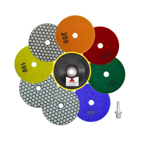 QUEFORET Diamant Polierpads Set 10 Stücke - 8 Stücke 100mm Trocken Polierscheiben (Körnung 50 x 3, 100 x 2, 200/400/800), 1 Stück Polierteller, 1 Stück Adapter für Granit Marmor Quarz Kunststein