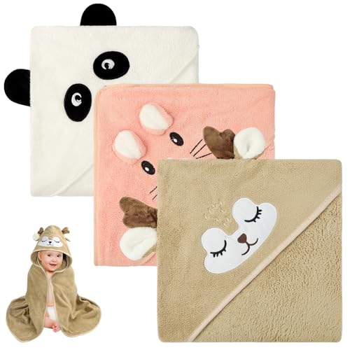 Aolso 3 Pz Asciugamano con cappuccio, 80 x 80 cm Asciugamani da Bagno per Bambini con Cappuccio, Morbidi e Assorbenti, per Neonati e Bambini 0-3 Anni -Bianco/Caffè/Rosa