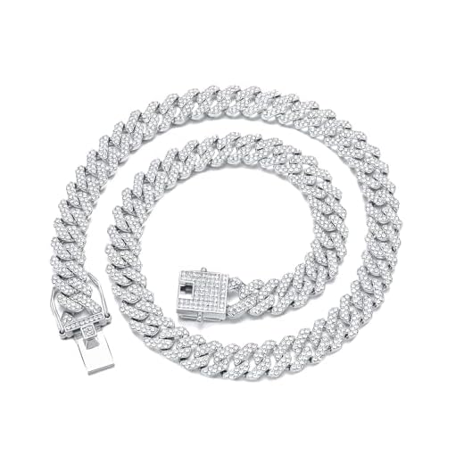HDMENC Mens and Womens Miami Cuban Link Chain Necklace 12mm Diamond Prong Cuban Chain 18/20/24inch Length Hip Hop Jewely (20 inch Silver Iced Out)