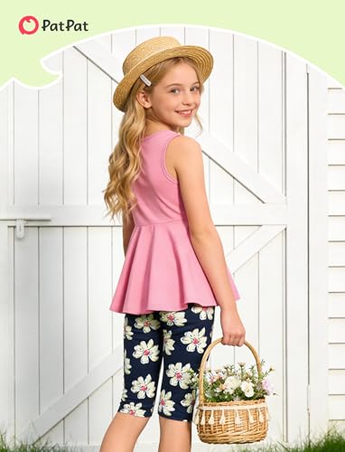 Image of PATPAT Girls Summer 2 Piece Outfits 4-12Y Butterfly Bow Sleeveless Tunic Tops and Floral Print Shorts Cute Clothes