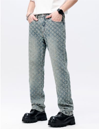 Men Streetwear Jacquard Weave Ripped Distressed Denim Jeans2