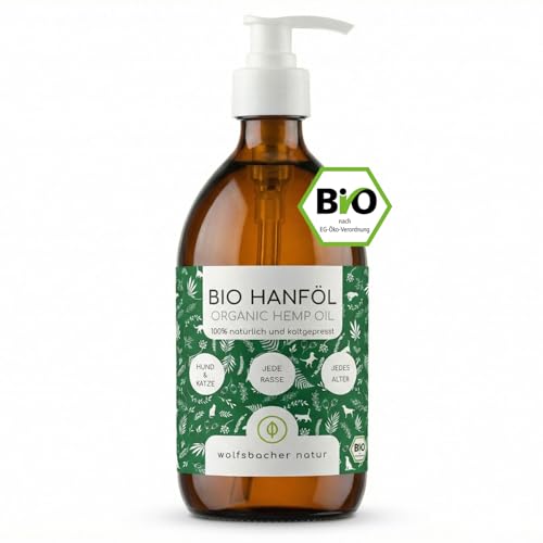 Bio Hanföl für Hunde und Katzen 500ml I 100% Natürlich und Kaltgepresst - Unterstützung für Fell & Haut durch Omega 3-6-9, Beruhigungsmittel für Hunde - DE-ÖKO-060
