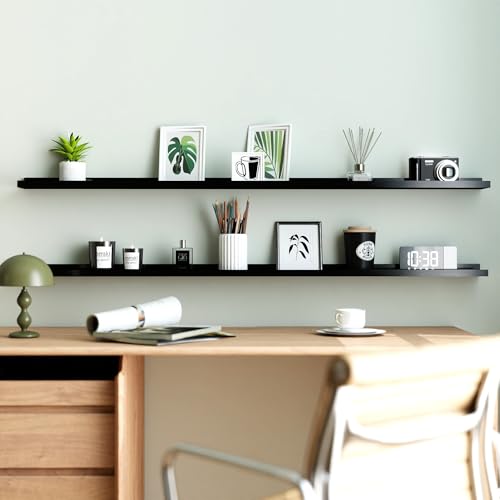 Image of Black Floating Shelves for Wall Decor, 56 in Shelf with Lip Set of 2 | 4.5 inch Deep Display Picture Ledge Shelf, Long Wall Mounted Storage Shelves for Bedroom, Bathroom, Living Room, Kitchen, Nursery