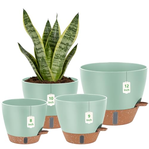ZDZDFF Self Watering Pots with Water Level Indicator, 12" 10" 9" 8" Large Plastic Flower Pots with Mesh Drainage Hole and Removable Saucer Reservoir for Indoor Outdoor Plants (Green)