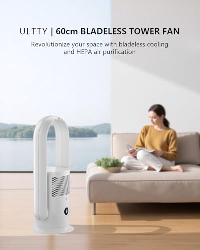 Image of ULTTY Bladeless Tower Fan and Air Purifier Combo, Quiet Oscillating Fan with Remote & Touch Control, 9 Speeds, 8H Timer, HEPA Air Filter, Safe Floor Fan for Bedroom Home Office White, 23.5 inchinch