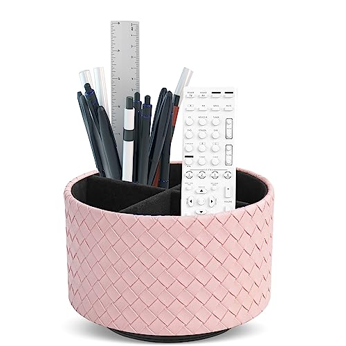 Hennaja Round Leather Art Supply Organizer,Remote Control Holder,360 Degree Spinning,Multi-Functional Pencil Holder,4 Compartments Desktop Stationary Organizer(1-Weave Pink)