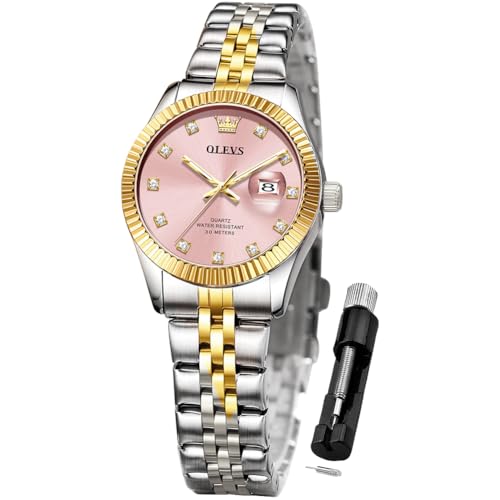 Image of OLEVS Watch for Women Fashion Pink Dress Analog Quartz Diamond Ladies Watch Simple Date Gift Waterproof Women Wrist Watch