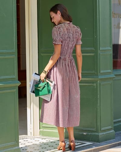 Image of RIHOAS Plaid Gingham Midi Dress Short Sleeve Smocked Dresses for Women | Cotton,Ruffle Puff Sleeves,Vintage Brown,Spring Summer Casual Daily,Picnic,Travel,Vacation,Christmas Festive Occasions