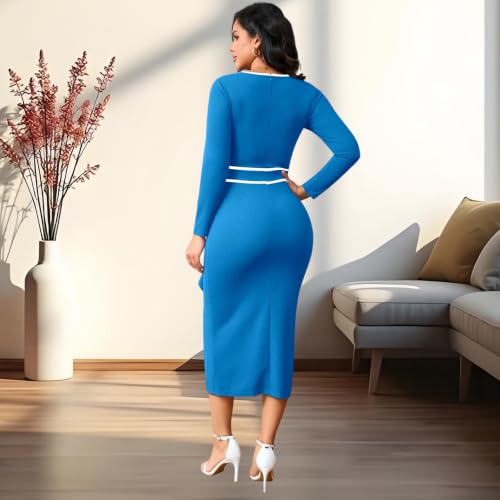 Image of Women's Elegant Church Vintage Bodycon Dress Casual Long Sleeve Work Business Pencil Split Sheath Midi Dresses