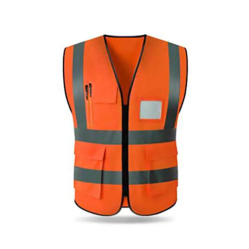 XHHOME 5 Pockets High Visibility Safety Vest Workwear Work Vest Jacket Zip 2 Band Security Mobile Phone 3-D Pocket ID Holder With Reflective Strips (XXL, Orange red)