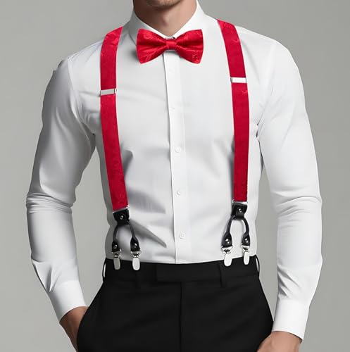 Image of Dubulle Suspender and Bow Tie for Men Paisley Solid Mens Suit Braces Pretied Bowtie and Handkerchief Cufflinks Formal Wedding