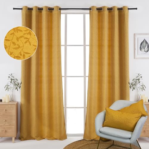 Viste tu hogar Pack 2 Cortinas Jacquard 150x260cm + 2 Cojines Rectangulares 30x50cm, Decoración Coordinada, Confort, Ideal para Salón de Otoño y Invierno, Color Mostaza